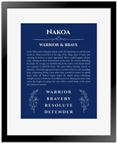 Nakoa custom name print for wall display in deep blue with black matte frame