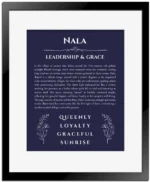 Nala name origin print with meaning and traits in navy blue with black matte frame