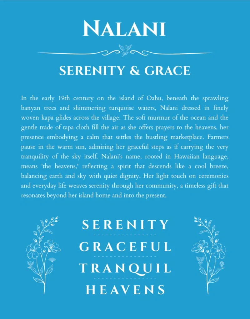 Nalani personalized name print with origin and traits in blue
