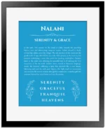 Nalani personalized name print with origin and traits in blue with black matte frame