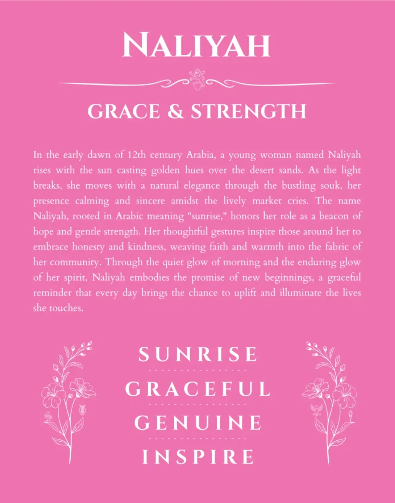 Naliyah custom name art showing meaning and origin in pink