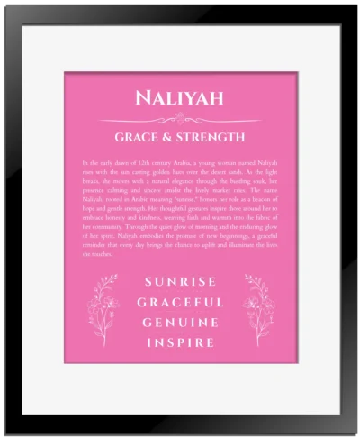 Naliyah custom name art showing meaning and origin in pink with black matte frame