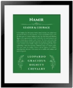 Namir personalized wall art with the story of your name in dark green with black matte frame