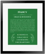 Nancy name meaning wall art by Get Your Story in dark green with black matte frame