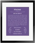 Naomi custom name art showing meaning and origin in purple with black matte frame
