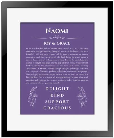 Naomi custom name art showing meaning and origin in purple with black matte frame