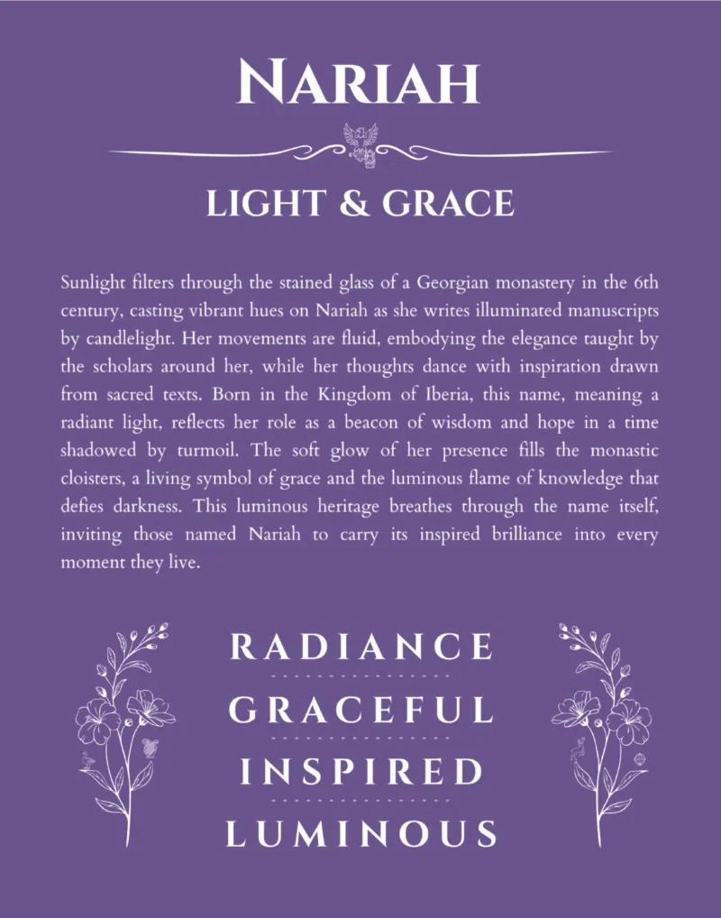 Nariah personalized name print with origin and traits in purple