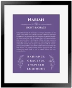 Nariah personalized name print with origin and traits in purple with black matte frame