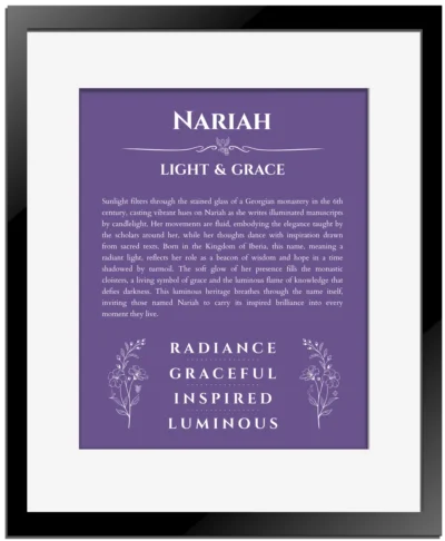 Nariah personalized name print with origin and traits in purple with black matte frame