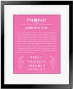 Nariyah personalized wall art with the story of your name in pink with black matte frame