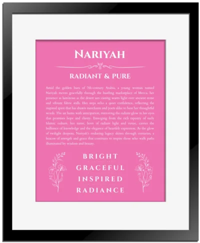 Nariyah personalized wall art with the story of your name in pink with black matte frame