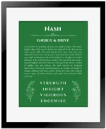 Nash personalized name print with origin and traits in dark green with black matte frame