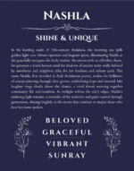 Nashla custom name art showing meaning and origin in navy blue