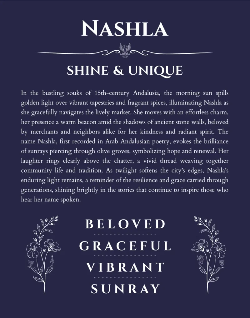 Nashla custom name art showing meaning and origin in navy blue