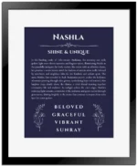 Nashla custom name art showing meaning and origin in navy blue with black matte frame