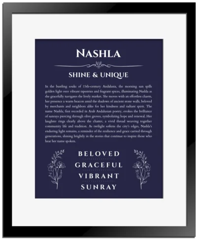 Nashla custom name art showing meaning and origin in navy blue with black matte frame