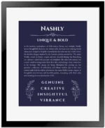 Nashly name meaning gift print in navy blue with black matte frame