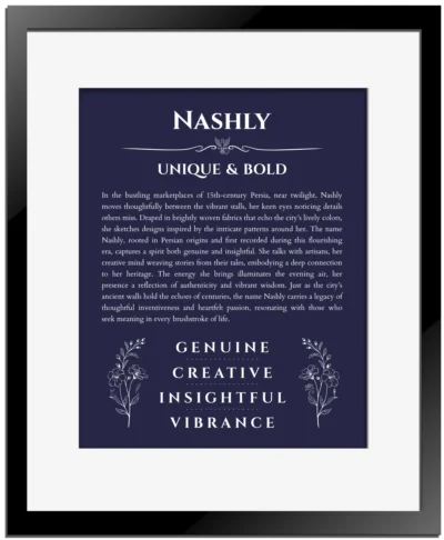 Nashly name meaning gift print in navy blue with black matte frame