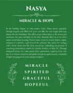 Nasya name origin print with meaning and traits in dark green