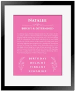 Natalee personalized wall art with the story of your name in pink with black matte frame