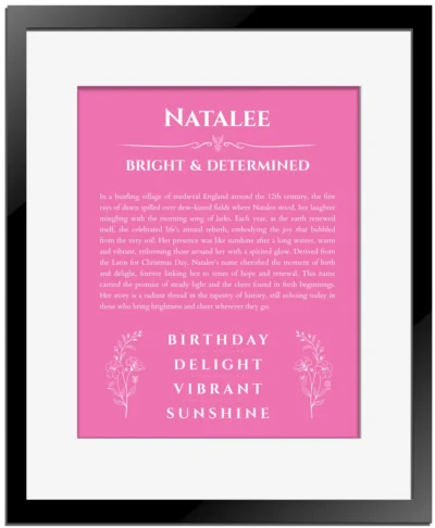 Natalee personalized wall art with the story of your name in pink with black matte frame