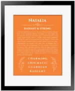 Natalia name meaning gift print in orange with black matte frame