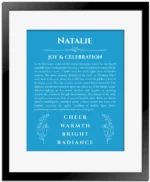 Natalie personalized wall art with the story of your name in blue with black matte frame
