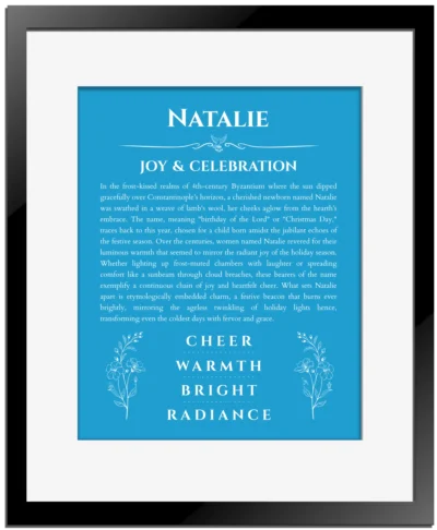 Natalie personalized wall art with the story of your name in blue with black matte frame