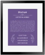Natan personalized name meaning print in purple with black matte frame