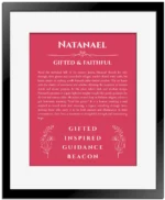 Natanael personalized name meaning print in red with black matte frame
