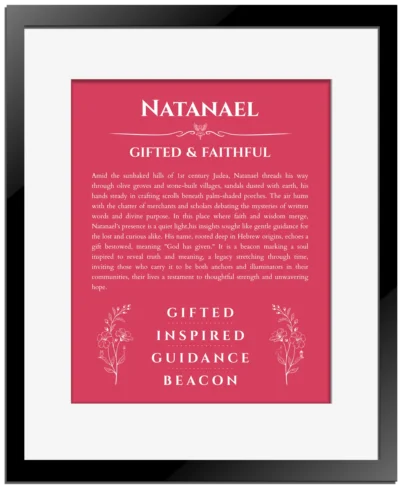 Natanael personalized name meaning print in red with black matte frame