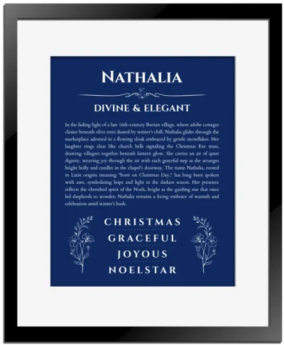 Nathalia custom name print for wall display in deep blue with black matte frame