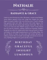 Nathalie name origin print with meaning and traits in purple