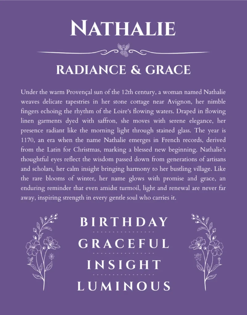Nathalie name origin print with meaning and traits in purple