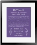 Nathalie name origin print with meaning and traits in purple with black matte frame