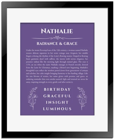 Nathalie name origin print with meaning and traits in purple with black matte frame
