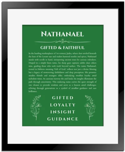 Nathanael custom name meaning print in dark green with black matte frame