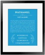Nathaniel personalized name print with origin and traits in blue with black matte frame