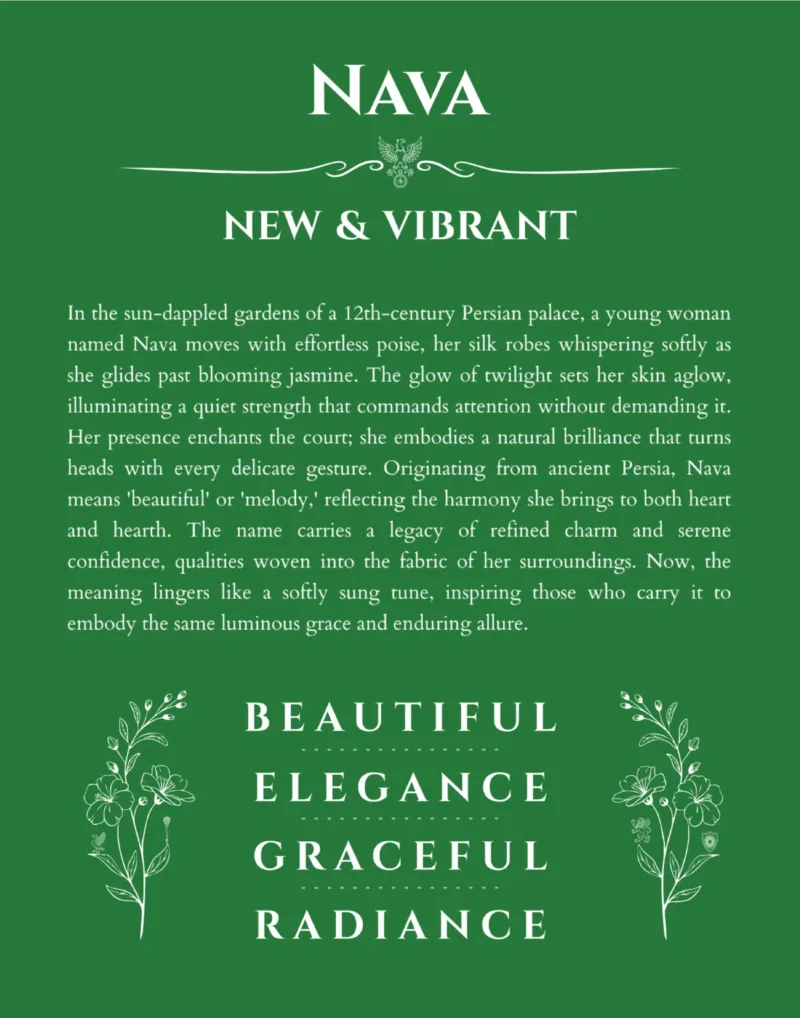 Nava custom name art showing meaning and origin in dark green