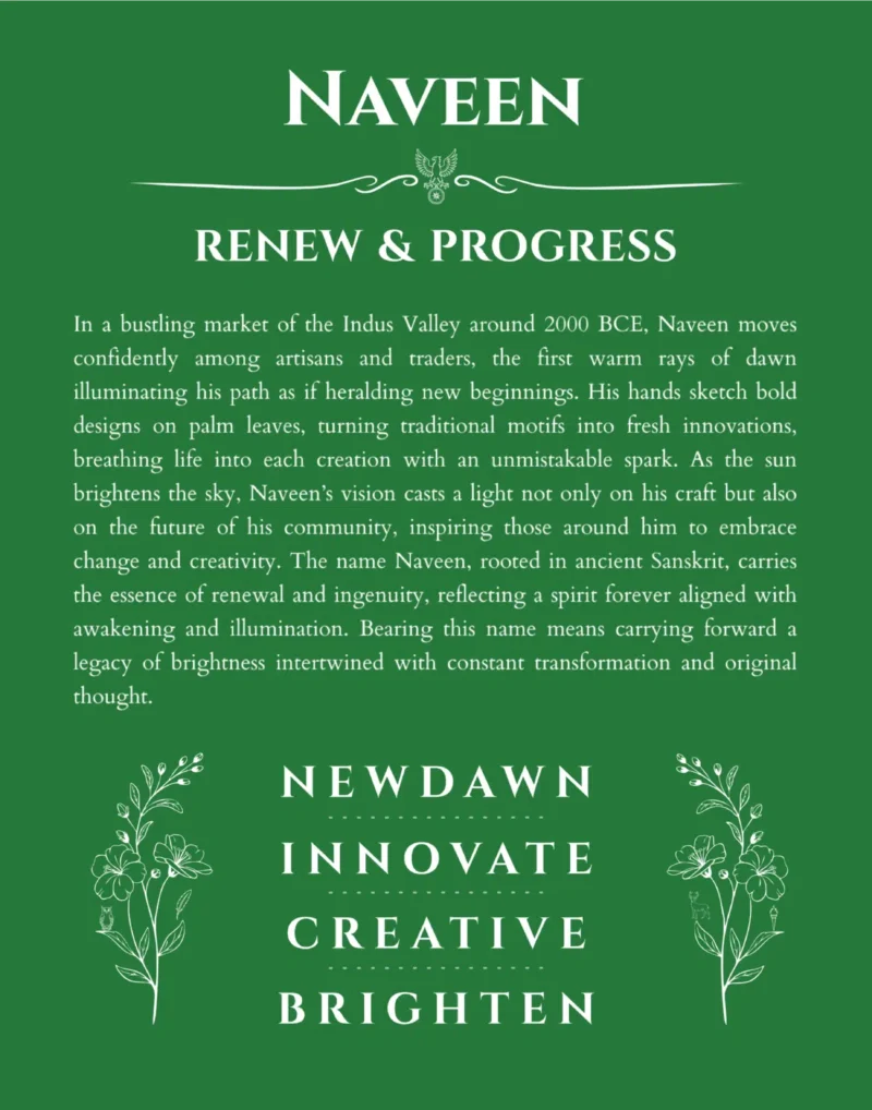 Naveen name origin print with meaning and traits in dark green