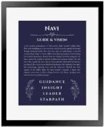 Navi personalized name art with origin story in navy blue with black matte frame