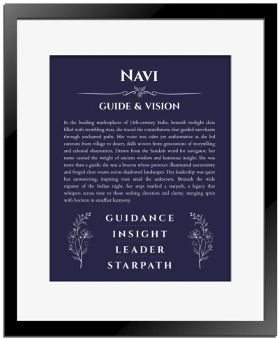 Navi personalized name art with origin story in navy blue with black matte frame
