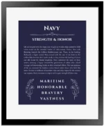 Navy personalized wall art with the story of your name in navy blue with black matte frame