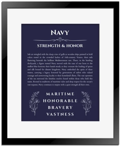 Navy personalized wall art with the story of your name in navy blue with black matte frame