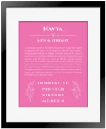 Navya personalized wall art with the story of your name in pink with black matte frame