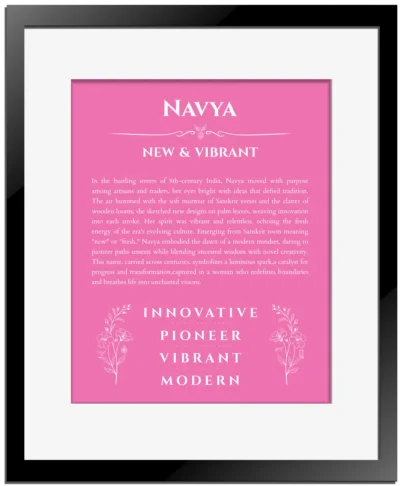 Navya personalized wall art with the story of your name in pink with black matte frame