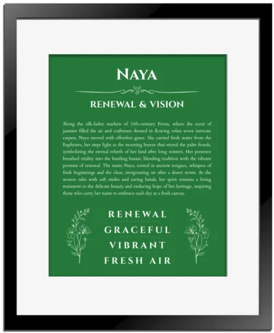 Naya personalized name meaning print in dark green with black matte frame