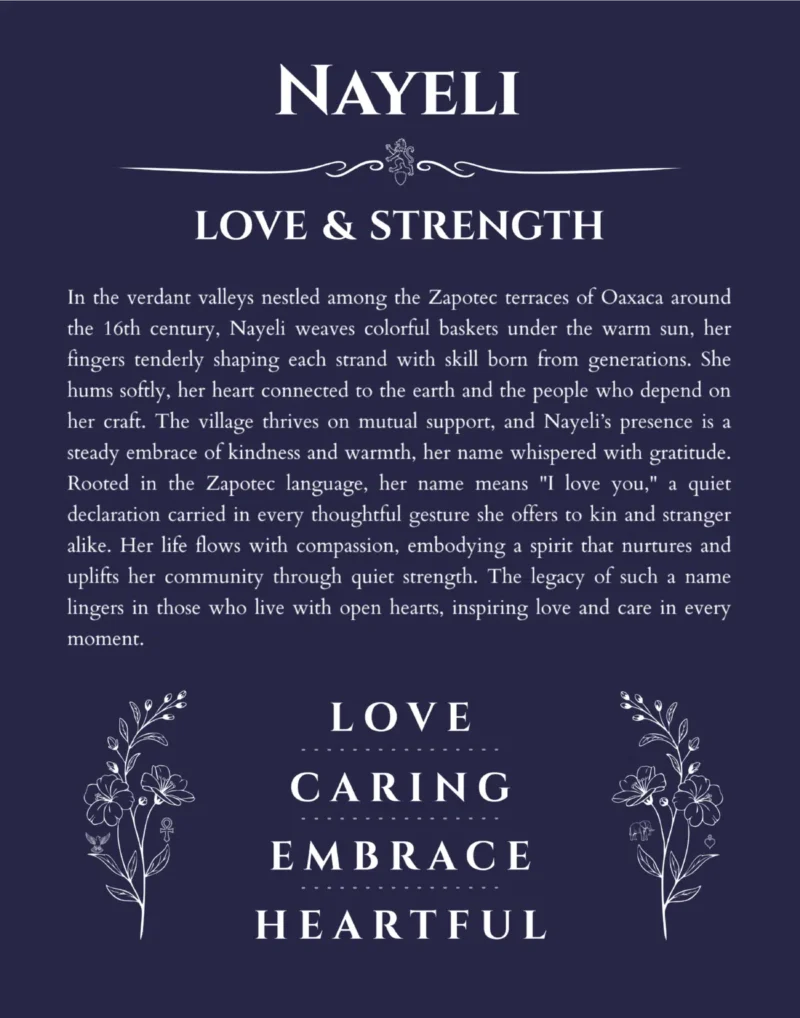 Nayeli custom name art showing meaning and origin in navy blue