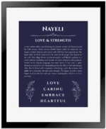 Nayeli custom name art showing meaning and origin in navy blue with black matte frame