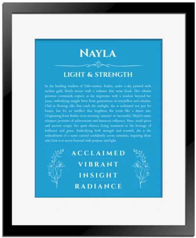 Nayla custom name meaning print in blue with black matte frame